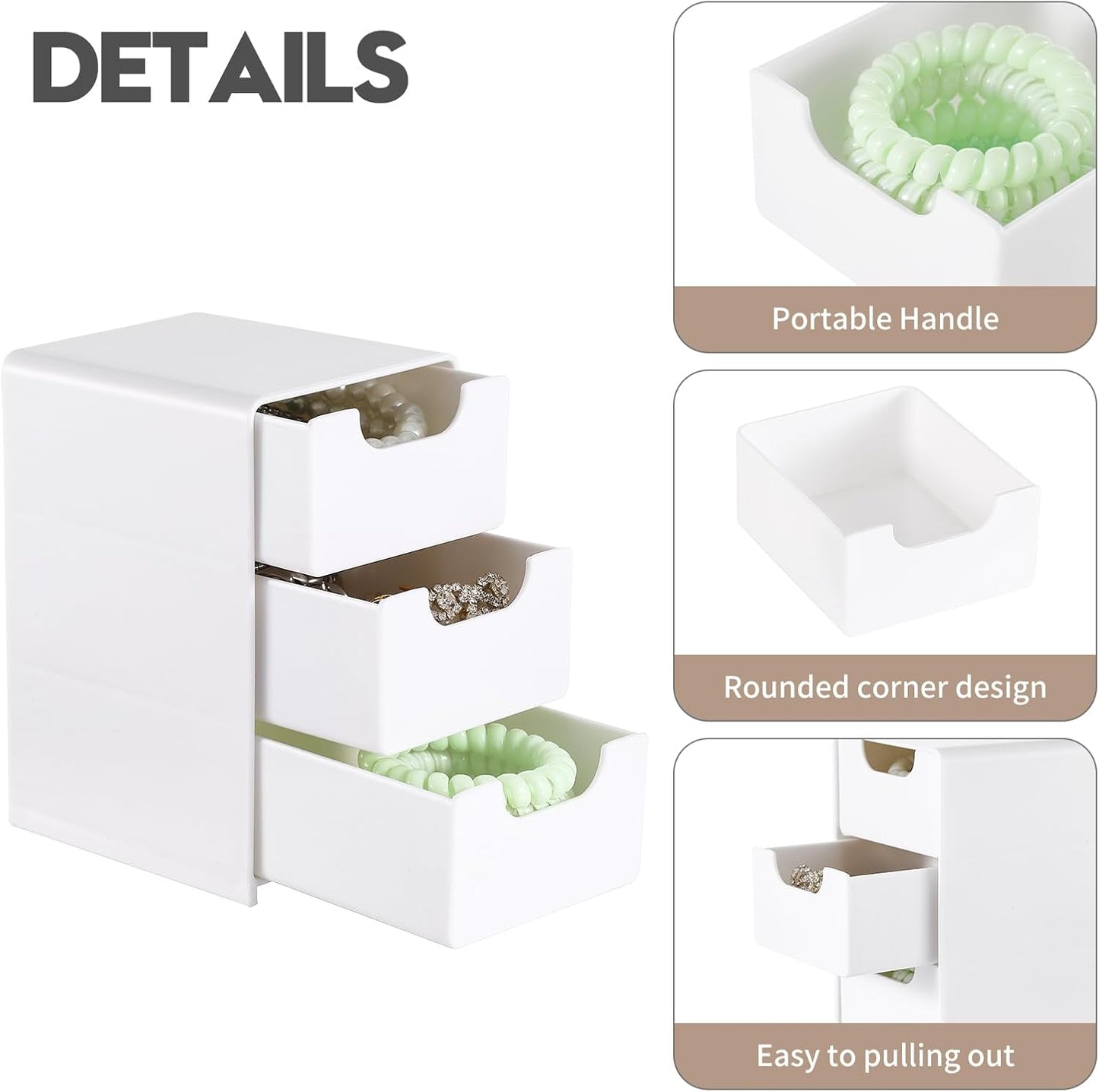 Mini White Plastic 3-Drawer Organizer for Girls’ Hair Accessories, Jewelry & Makeup – Small Storage Box for Clips, Scrunchies, Desk & Bathroom Essentials