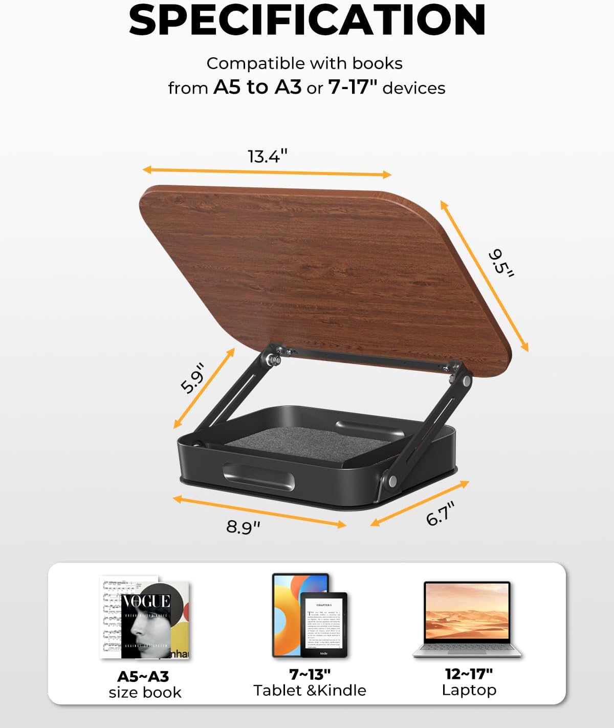 Adjustable Book Stand with Storage Drawer, 360° Rotating Book Holder, Height & Angle Adjustable, Extra-Wide Page Clips for Thick Books, Wood & Aluminum Book Stand for Desk, Study, Kitchen