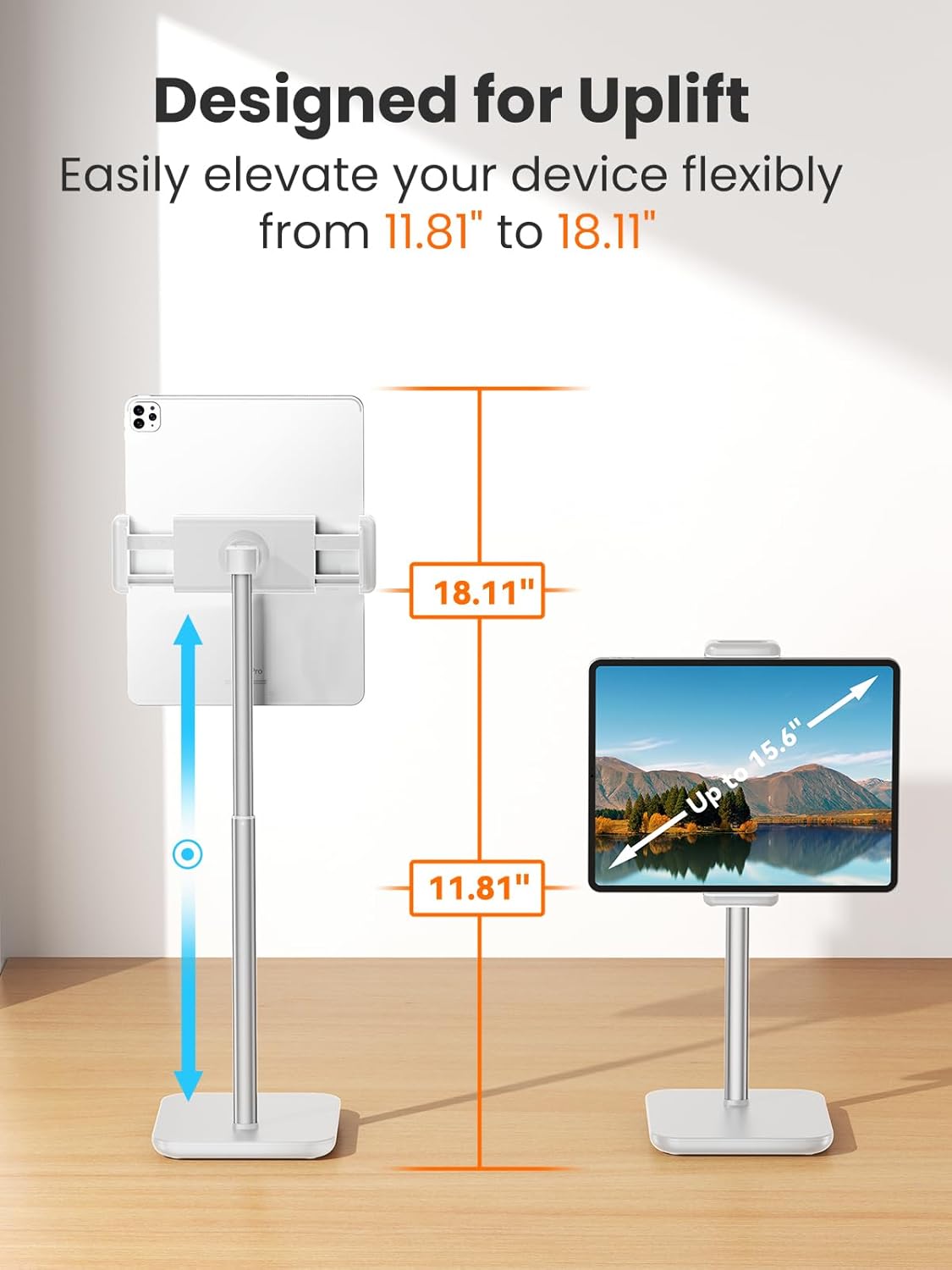 tounee Height Adjustable Tablet Stand, 3.5lb (1.6kg) Max Support, Up to 18" Tall, Slim Portable Monitors Stand Compatible with iPad Pro 12.9, Surface Pro, All 4.7"-15.6" Devices - Black