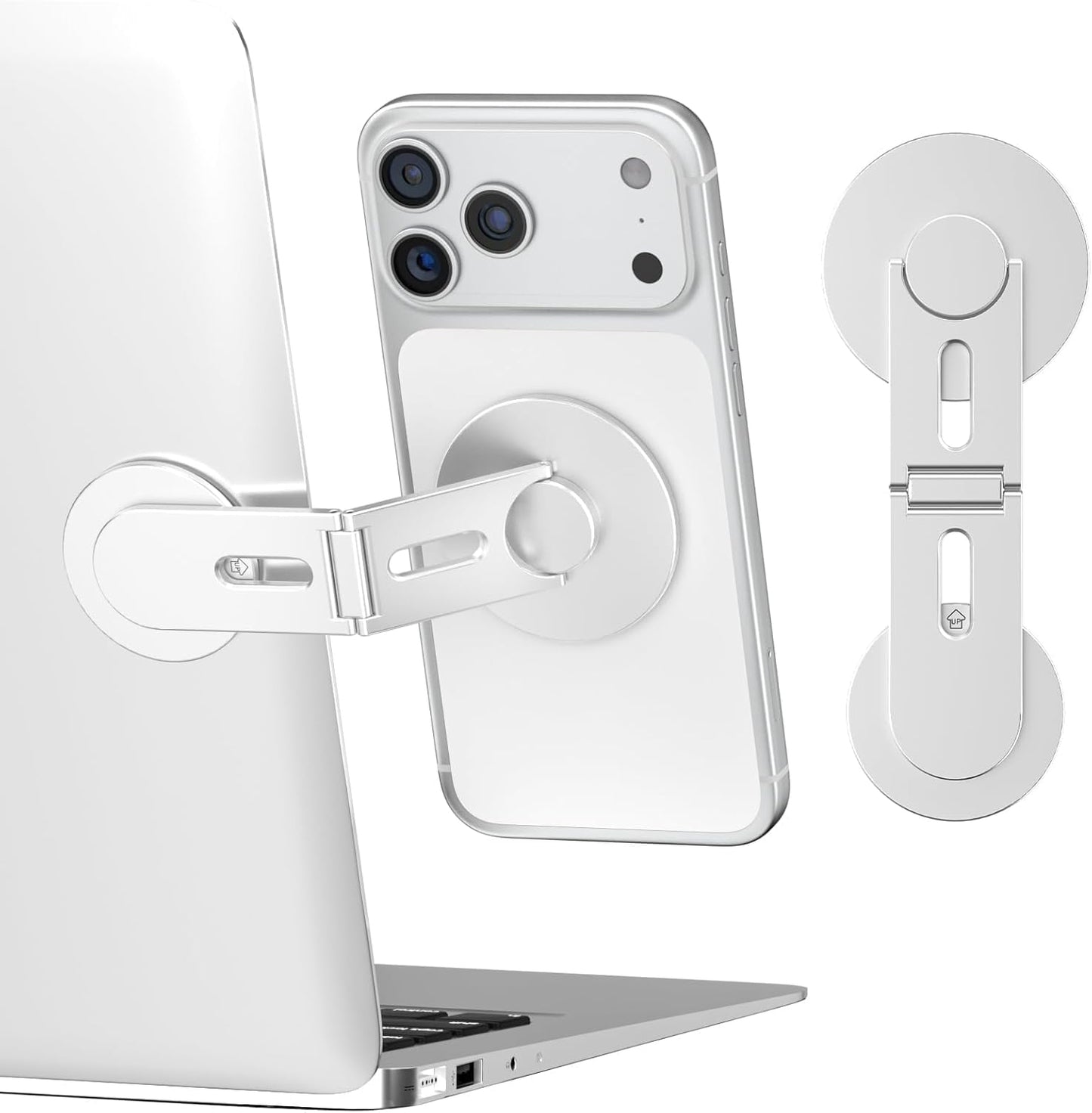 CloudValley Magnetic Phone Laptop Holder Mount, Foldable Hidden Portable Stand for iPhone 17/16/15/14/13 & All Phone, Clamp for Monitor Side, Compatible with Laptop, Desktop, Tesla Model 3/ Y, Silver