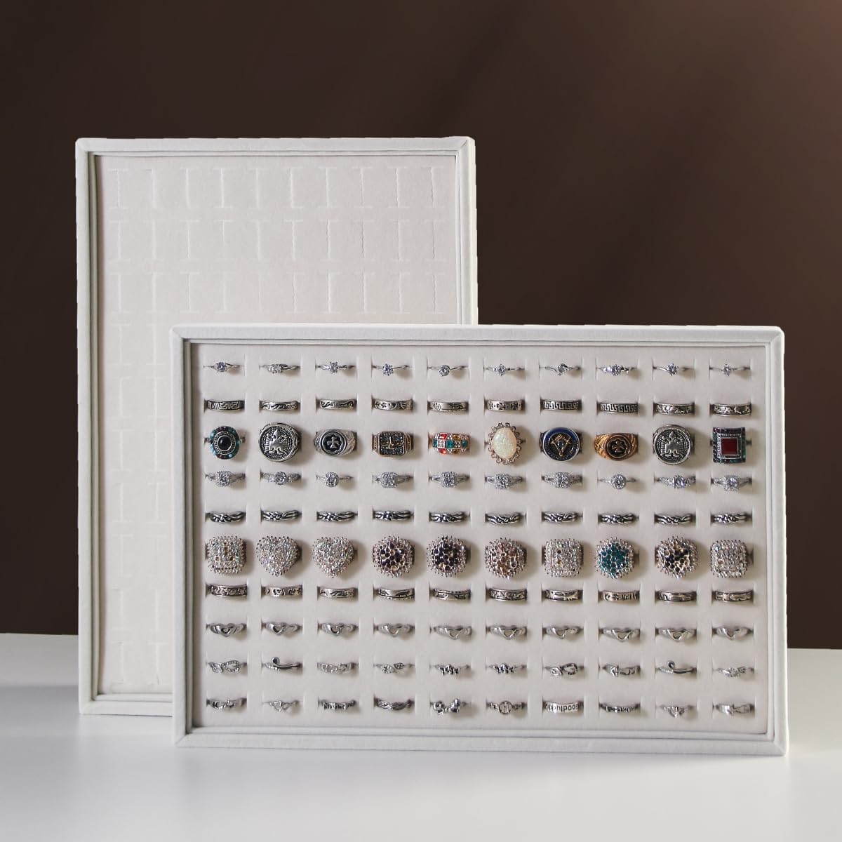 Coward Stackable Jewelry Trays Organizer Set with Clear Lid, Trays for Drawer, Earring Necklace Bracelet Ring Display Organizer (beige(ring+12girds+30girds+The glass lid))