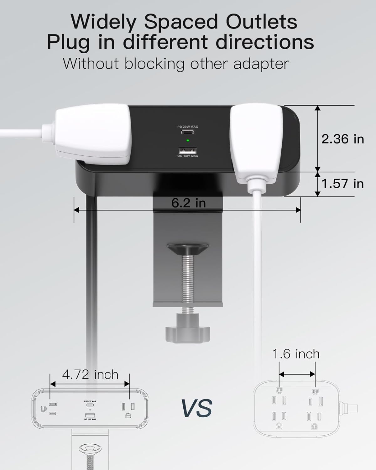 PD30W Desk Clamp Power Strip, Desktop Mount Surge Protector, Fast Charging Station, 5Ft Extension Cord Desk Edge Mount Shelf with 4 Outlets 4 USB Ports (2 USB C), Home Office Accessories Essentials