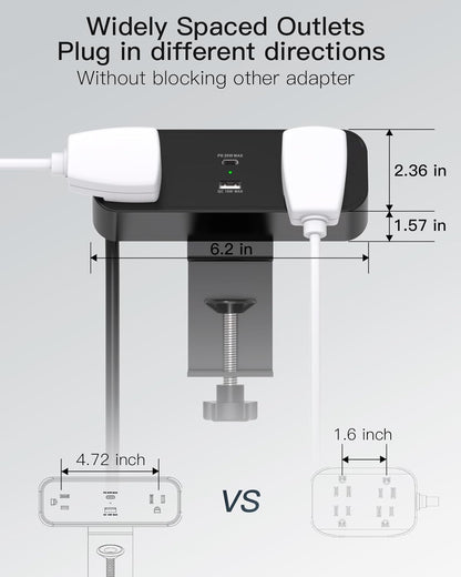 PD30W Desk Clamp Power Strip, Desktop Mount Surge Protector, Fast Charging Station, 5Ft Extension Cord Desk Edge Mount Shelf with 4 Outlets 4 USB Ports (2 USB C), Home Office Accessories Essentials