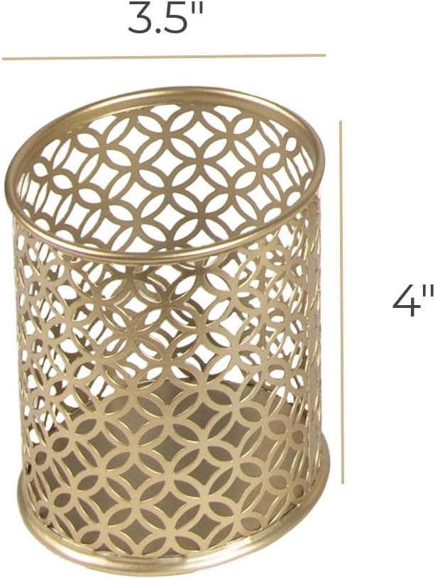 BLU MONACO Gold Pen Holder for Desk - Gold Pen & Pencil Cup - Brush Holder with Metal Circular Design