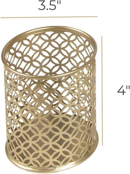 BLU MONACO Gold Pen Holder for Desk - Gold Pen & Pencil Cup - Brush Holder with Metal Circular Design