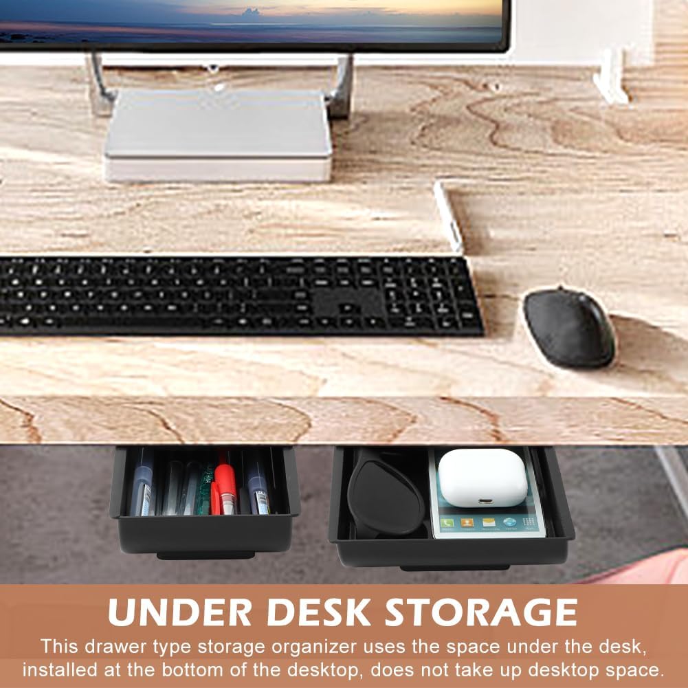 2pcs Under Desk Drawer, Table Hidde-n Slide Out Pencil Holder Self-Adhesive Desk Drawer Storage Tray Attachable for Stationery Home Office School (COLOR:black)