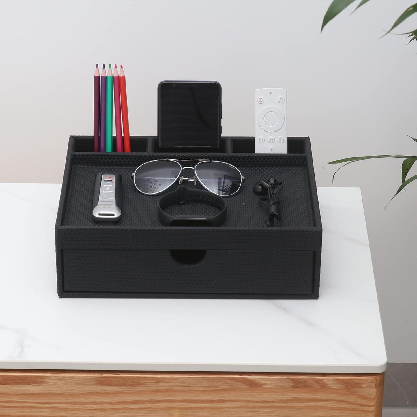 Leather Desk Organizer With Drawers, Home Cosmetics & Phone Remote Organizer, Drawer Plus Divider & Tray (white)