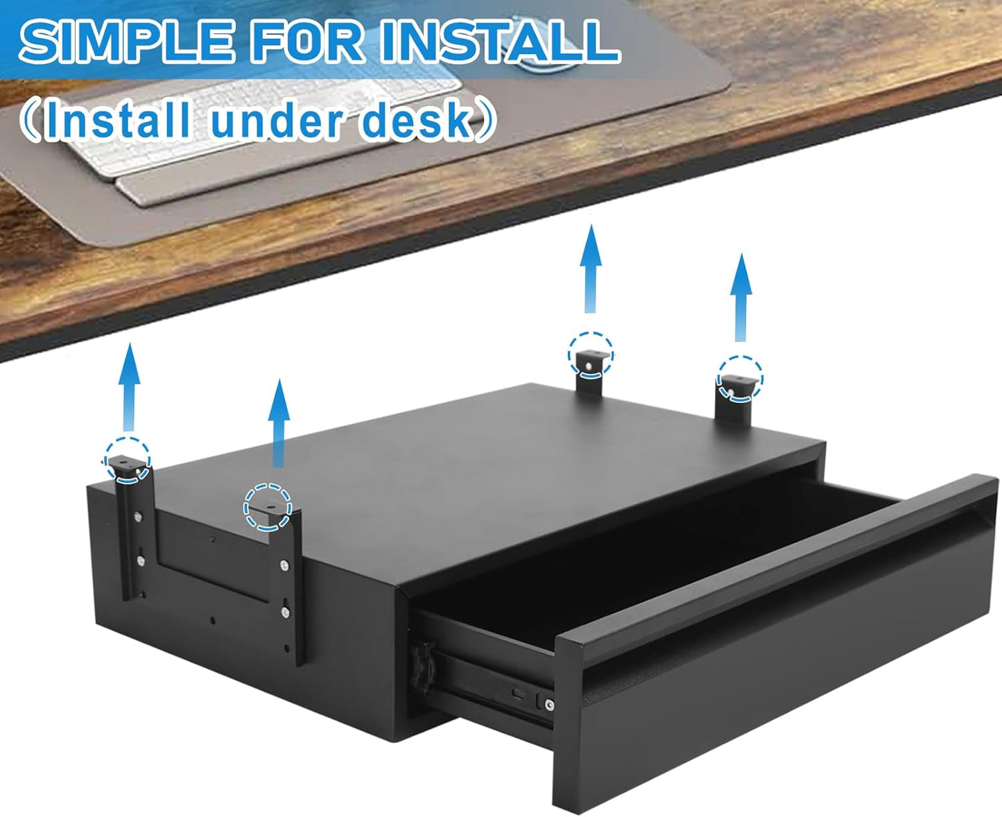 POPMOON 13.8 in Under Desk Drawer For Desk, Pull out Storage Organizer with Slide Extension Mounted Under Flat Wooden Table or Workbench, Carbon Steel Undermount Drawer,Black