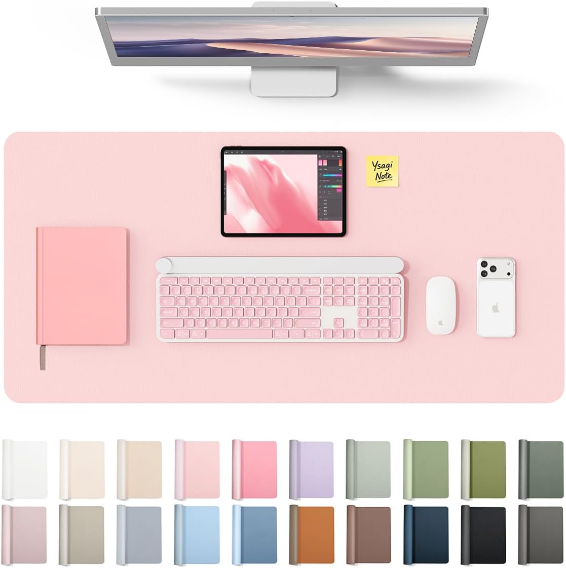 YSAGi Leather Desk Protector, Office Mat, Large Mouse Mat, Non-Slip PU Leather Blotter, Laptop Pad, Waterproof Writing Pad for Office and Home (Light Pink, 23.6" x 13.8") - Colors B