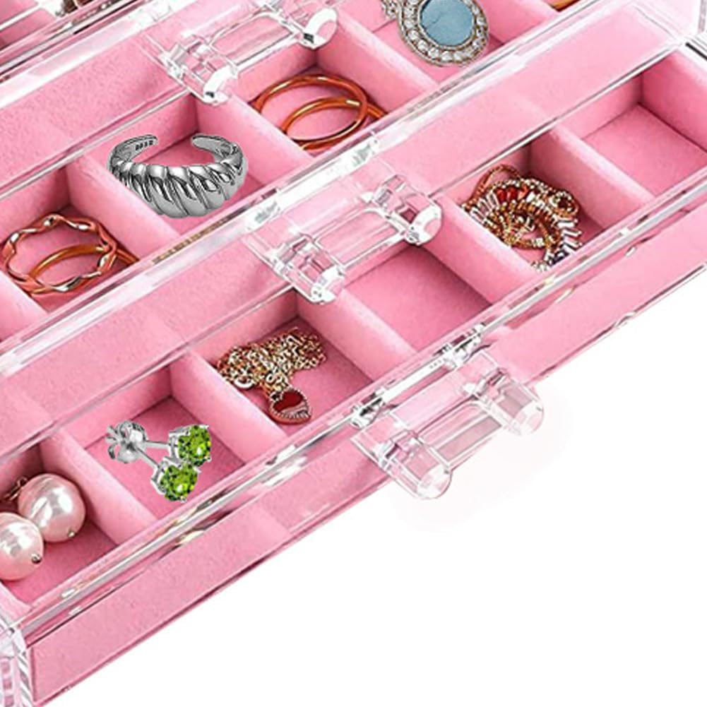 YUFONG Earring Organizer Box Acrylic Jewelry Organizer with 3 Drawers 54 Adjustable Grids Clear Stackable Earring Holder Velvet Trays Ring Display Case for Women Girls (Beige)