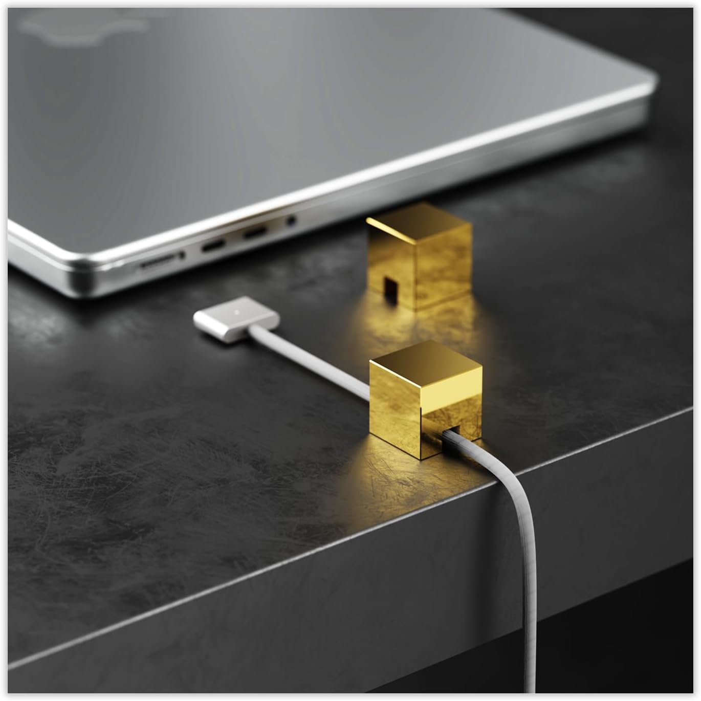 Metal Cord Holder, Weighted Cable Organizer or Management, Heavy Wire Keeper for Nightstand, Desk, Bedside Table - N2U Cube Cords Strap for Lightning, USB-C Phone Charger Cables (Silver - 1 PCS)