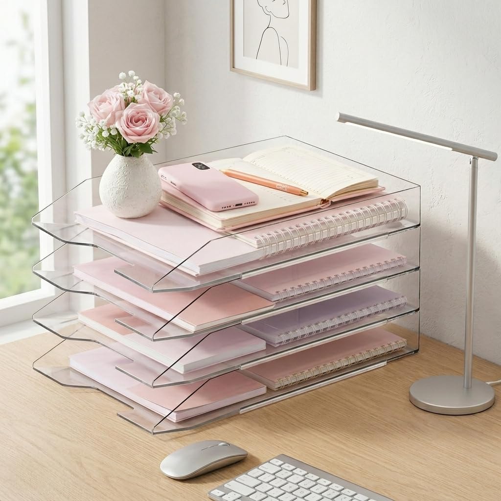 Acrimet 4 Tier Paper Organizer Letter Tray - Plastic Stackable Desk File Organizer, Front Load Paper Sorter Organizer for Letter/A4 Office File Folder Holder - Clear Crystal