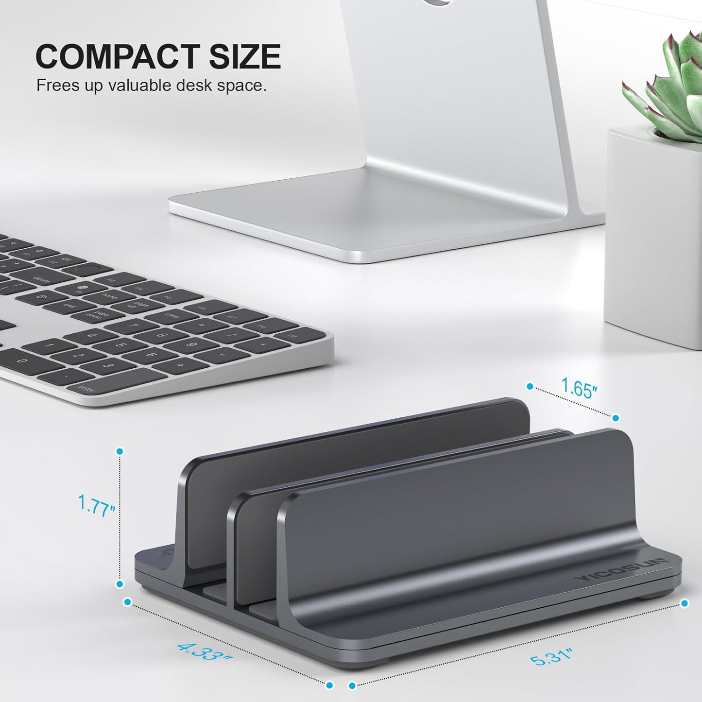 YICOSUN Aluminum Vertical Laptop Stand for Desk - Adjustable Width Dock for MacBook, Surface, Samsung, HP, Dell up to 17.3 inches - Space-Saving & Protective Design - Gray