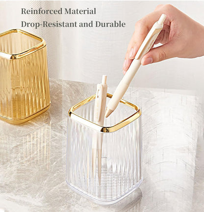 Acrylic Pen Holder, Cute Clear Green Desk Organizer for Pencils, Makeup Brushes Toothbrushes Storage Cup with Striped Design for Vanity Bathroom