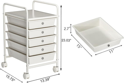 4-Tier Utility Cart with 4 Drawers, Rolling Utility Cart with 2 Lockable Caster Wheels, Multipurpose Mobile Rolling Drawer Cart for Office Bathroom Kitchen, Ivory White