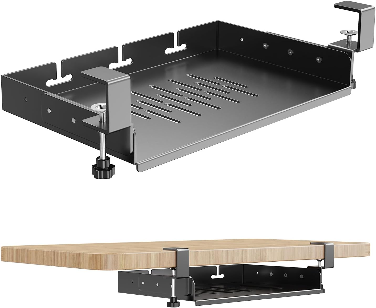 BYMECOST No Drill Under Desk Storage Shelf, Metal Under Desk Drawer Organizer with Clamp, Mount Under Desk Shelf Adds Tray, Desk Drawer for Office Desks, Table, Gaming Desk, Workstations (White)