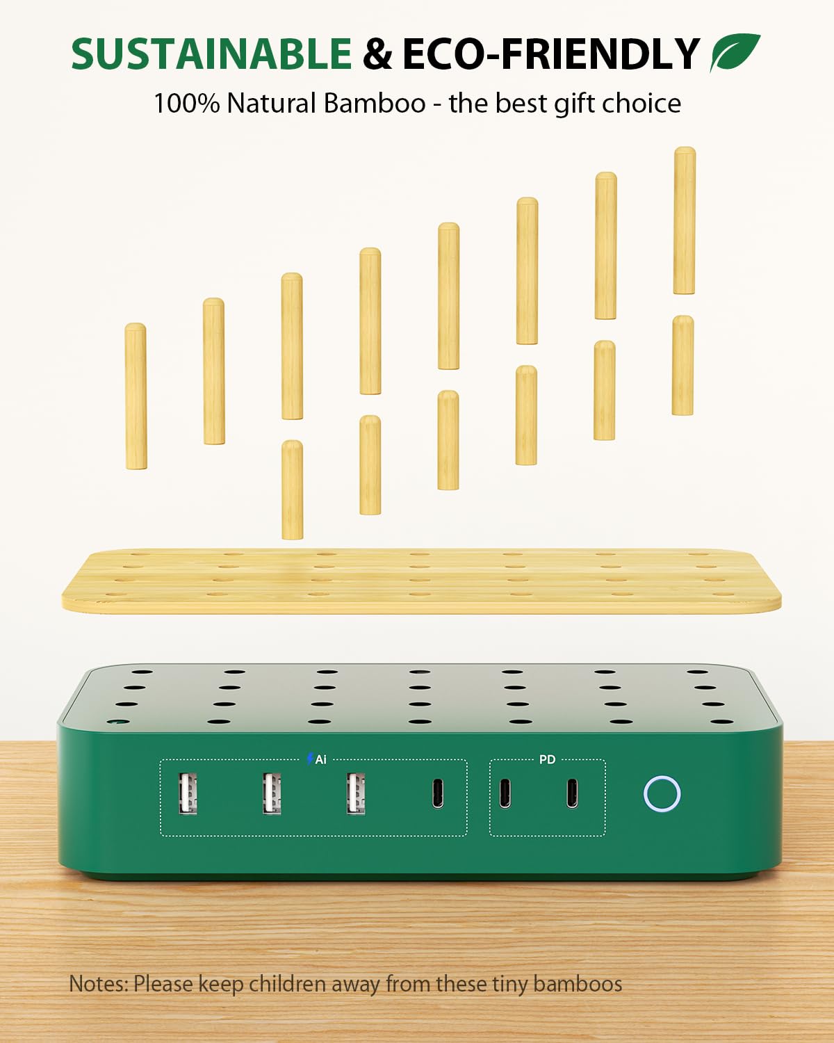 Bamboo USB-C Charging Station for Multiple Devices,60W 6 Port Charing Dock with 3 AC Outlets, 3 USB C, 3 USB A,6.6ft Power Cord for lPhone,lPad,Tablets (6 Mixed Cables Included),White