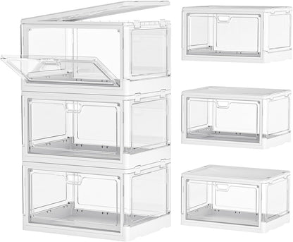 Kmiectse Clear Storage Bins with Lids - 4 Tier Plastic Bins with Wheels, Stackable Storage Bin, Closet Organizers Box for Bedroom, Living Room, 23 QT Folding Box with Magnetic door