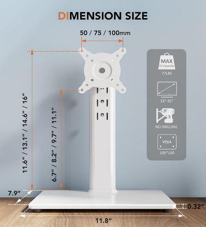 Single LCD Computer Monitor Free-Standing Desk Stand Mount Riser for 13 inch to 32 inch screen with Swivel, Height Adjustable, Rotation, Vesa Base Stand Holds One (1) Screen up to 77Lbs(HT05B-001))