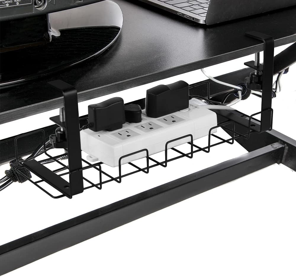 Baskiss Under Desk Cable Management Trays 2 Pack, 16" Clamp Mounted Cord Organizer Holder Wire Organization No Drill Holes Needed for Computer Home Office Standing Tables to Conceal Power Strips