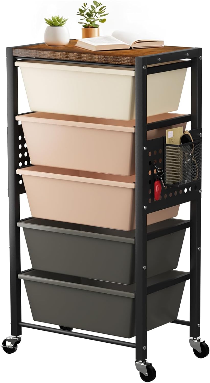 Rolling Cart with 3 Drawers, Plastic Drawer Storage Carts with Lockable Wheels & Wooden Tabletop, Metal Utility Cart Organizer, Office Bedroom Classroom Craft Organization and Storage, Bright White