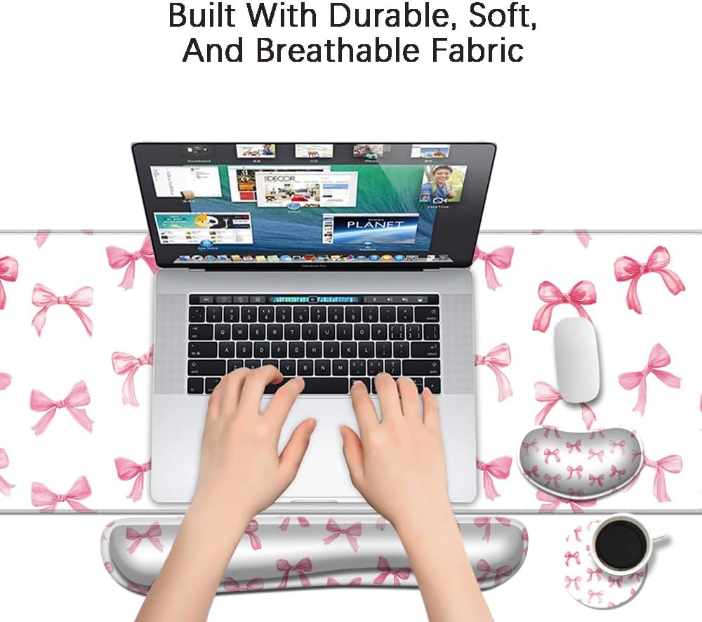 MIBITRI Keyboard Mouse Pad Set, Extended Gaming Mouse Pad+Ergonomics Keyboard Wrist Rest Support, Memory Foam, Easy Typing Pain Relief, 4Pcs XXL Ultra Thick Desk Mat, Enchanted Bookshelf