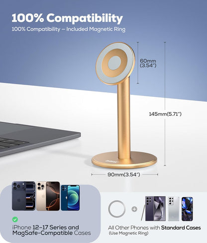 Nulaxy Magnetic Full Aluminum Cell Phone Stand for MagSafe with Metal Ring, 360 Rotating Phone Stand for Desk, Office Desk Accessories, Adjustable Phone Holder Compatible with All Phones, Gray