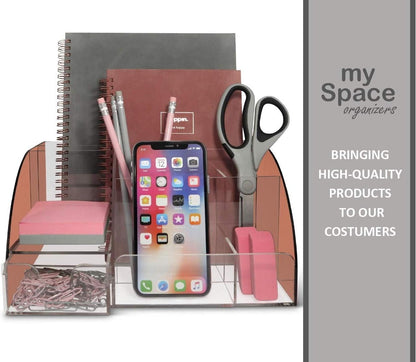 My Space Organizers Clear Acrylic Desk Oganizer, 9 Compartments, Office Supplies and Desk Accessories Organizer, Home Decor Desktop Organizer (Clear)