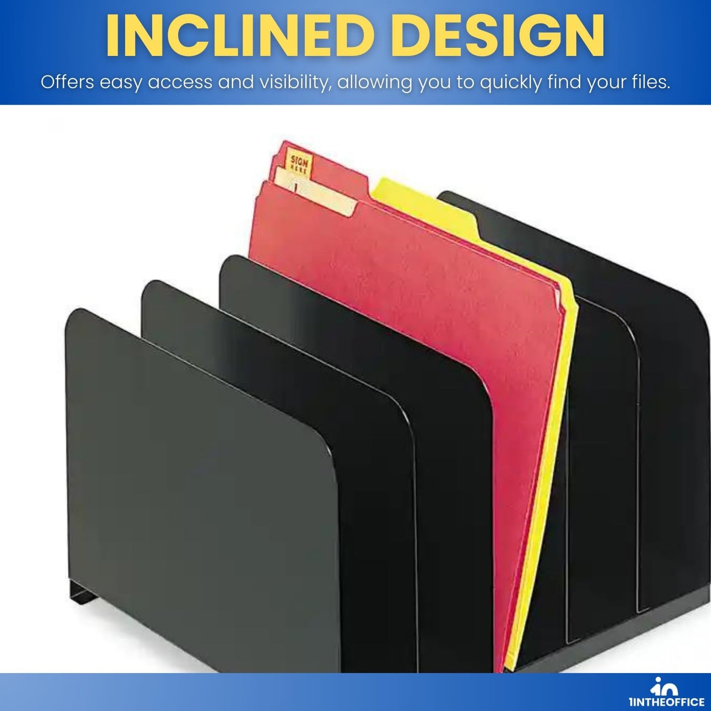 1InTheOffice Inclined Desktop File Organizer, Plastic Desk File Sorter for Documents, Space-Saving, Black, 5 Compartments