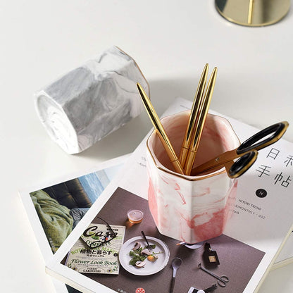 WAVEYU Ceramic Pen Holder for Desk Cute, Pencil Cup Pot Desk Organizer, Makeup Brush Holder for Women, Men, Kids, Desk Marble Decor for Office, Classroom, Home, Gray Golden