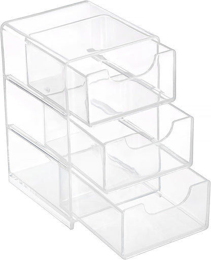 Hipiwe Acrylic Drawer Organizer Qtip Holder for Cotton Pad Cotton Swabs Makeup Storage Drawer with 3 Drawers Clear Desk Drawers Box Bathroom Counter Organizer for Home Office