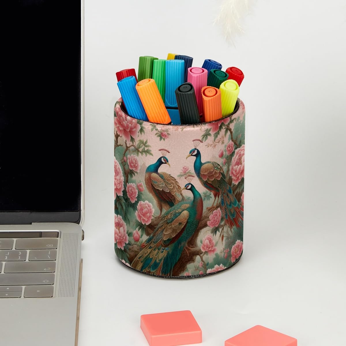 Leather Pen Holder for Desk, Love Cherry Pencil Organizer Pencil Cup Desk Decor Makeup Brush Holder Multifunctional Office Supplies for Home,Office, School