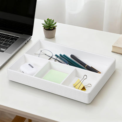PU Leather Valet Tray, Decorative Trinket Vanity Desk Drawer Organizer Tray, Perfume Dish Catch All Bowl for Keys, Nightstand Drawer Organizer Women Men with 4 Compartments (Cream-White)