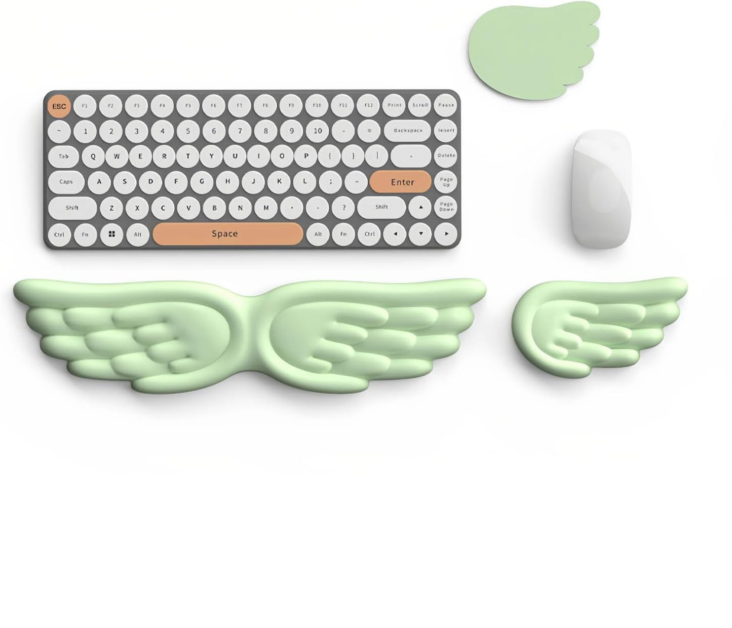 Angel Wing Wrist Rest Ergonomic Memory Foam Wrist Rest for Computer Keyboard Mouse Set with Cup Mat, Cute Gaming Keyboard Cushion Hand Support PU Leather Surface Anti-Slip Waterproof（White）