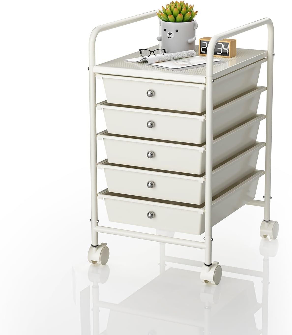 4-Tier Utility Cart with 4 Drawers, Rolling Utility Cart with 2 Lockable Caster Wheels, Multipurpose Mobile Rolling Drawer Cart for Office Bathroom Kitchen, Ivory White