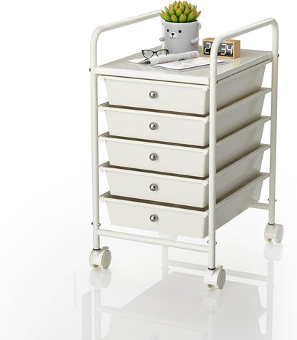 4-Tier Utility Cart with 4 Drawers, Rolling Utility Cart with 2 Lockable Caster Wheels, Multipurpose Mobile Rolling Drawer Cart for Office Bathroom Kitchen, Ivory White