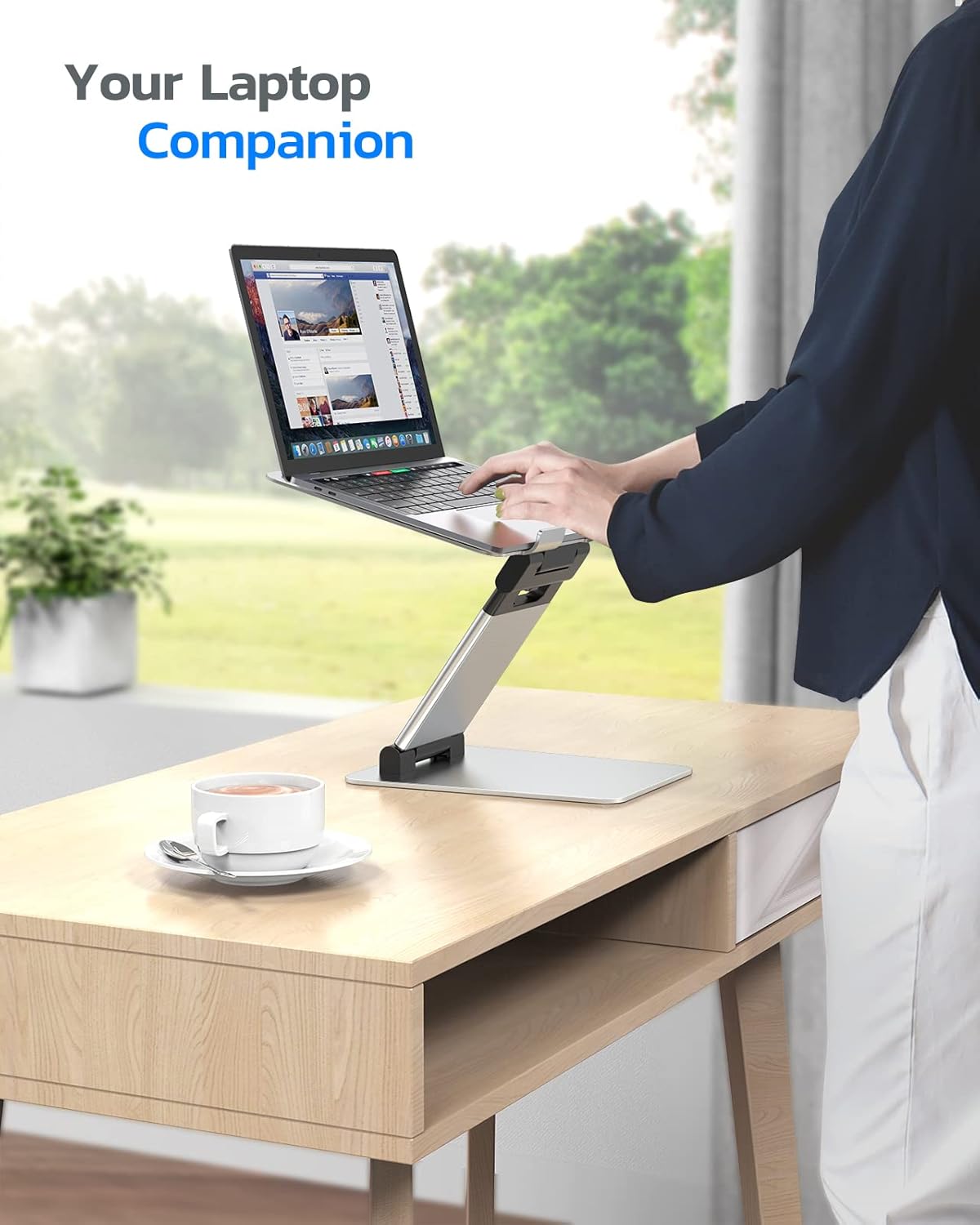 Nulaxy Height Adjustable Laptop Stand for Desk, Dual Foldable Aluminum Computer Riser, Pull Out Design Ergonomic Sit to Notebook Holder Convertor, Compatible with All 10-17" Laptops, Tablets, Gray