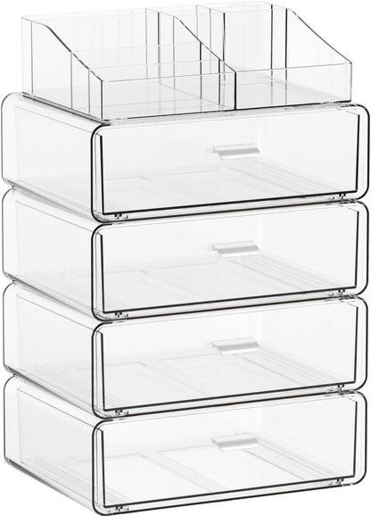 Yieach 3 Tier Clear Acrylic Makeup Organizers with Drawers,Tiered Countertop Make up Storage Organizer for Dresser Top and Bathroom Vanity,Plastic Makeup Stand for Brush,Skincare,Beauty Organizers