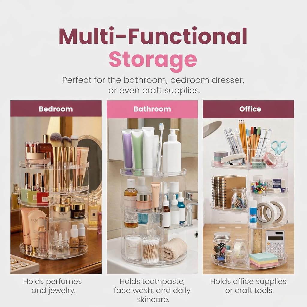 Masirs Small 360 Rotating Makeup Organizer - Mini Yet Spacious Cosmetic Storage Solution with Multiple Compartments - The Perfect Spinning Make-Up Caddy for Vanity or Bathroom Counter (Round - Clear)