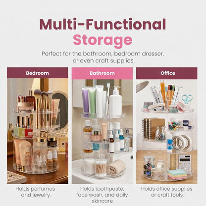 Masirs Small 360 Rotating Makeup Organizer - Mini Yet Spacious Cosmetic Storage Solution with Multiple Compartments - The Perfect Spinning Make-Up Caddy for Vanity or Bathroom Counter (Round - Clear)