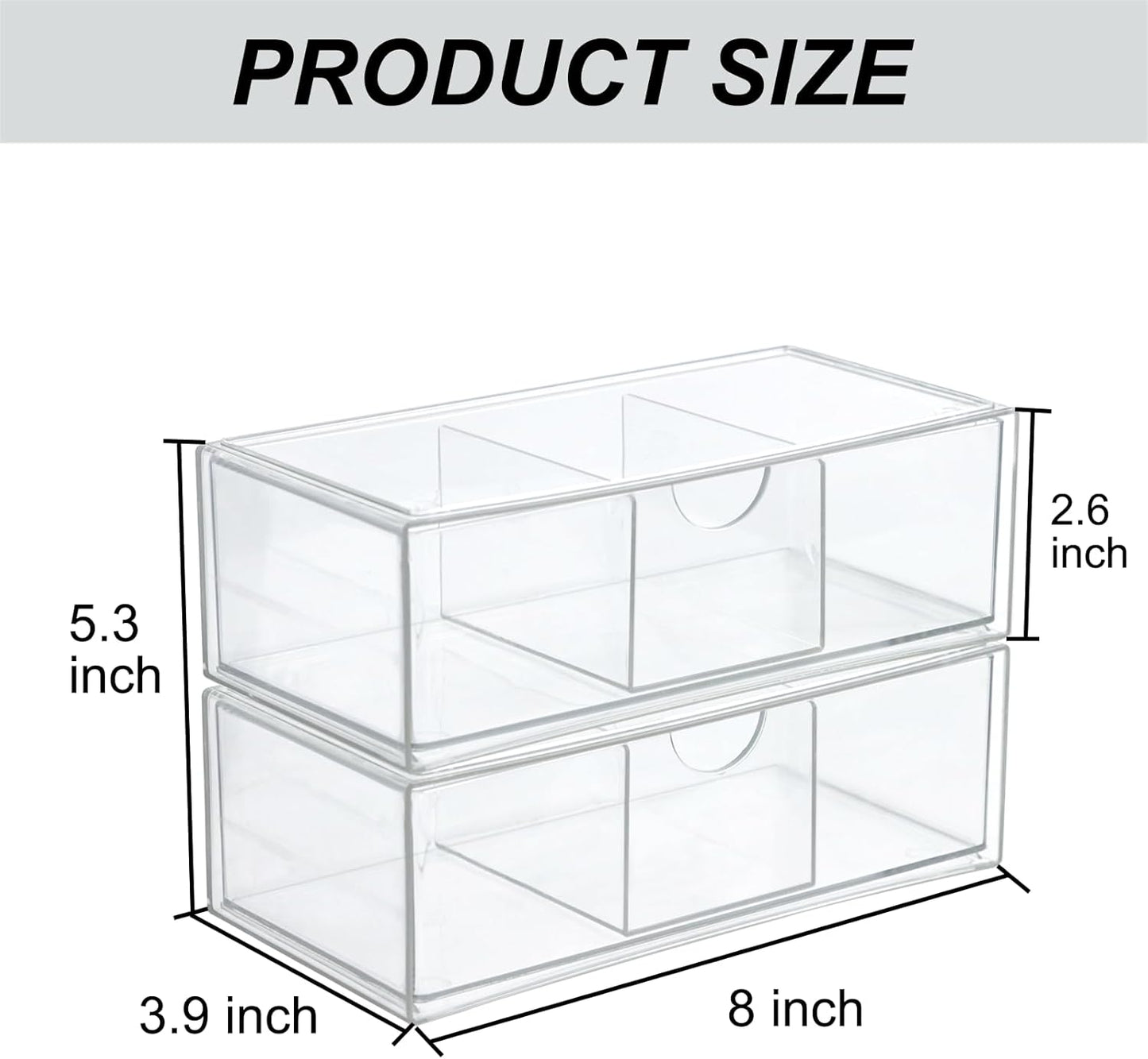 Set of 2 Stackable Storage Drawers - 6.7" Clear Plastic Drawer Storage, Acrylic Makeup Organizer, Desk Counter Cabinet Office Organizer, Bathroom Organizers and Storage (Modern/Set of 2)