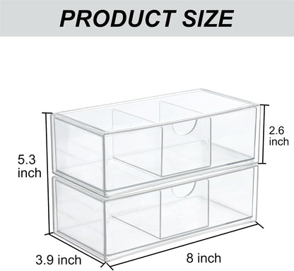 Set of 2 Stackable Storage Drawers - 6.7" Clear Plastic Drawer Storage, Acrylic Makeup Organizer, Desk Counter Cabinet Office Organizer, Bathroom Organizers and Storage (Modern/Set of 2)