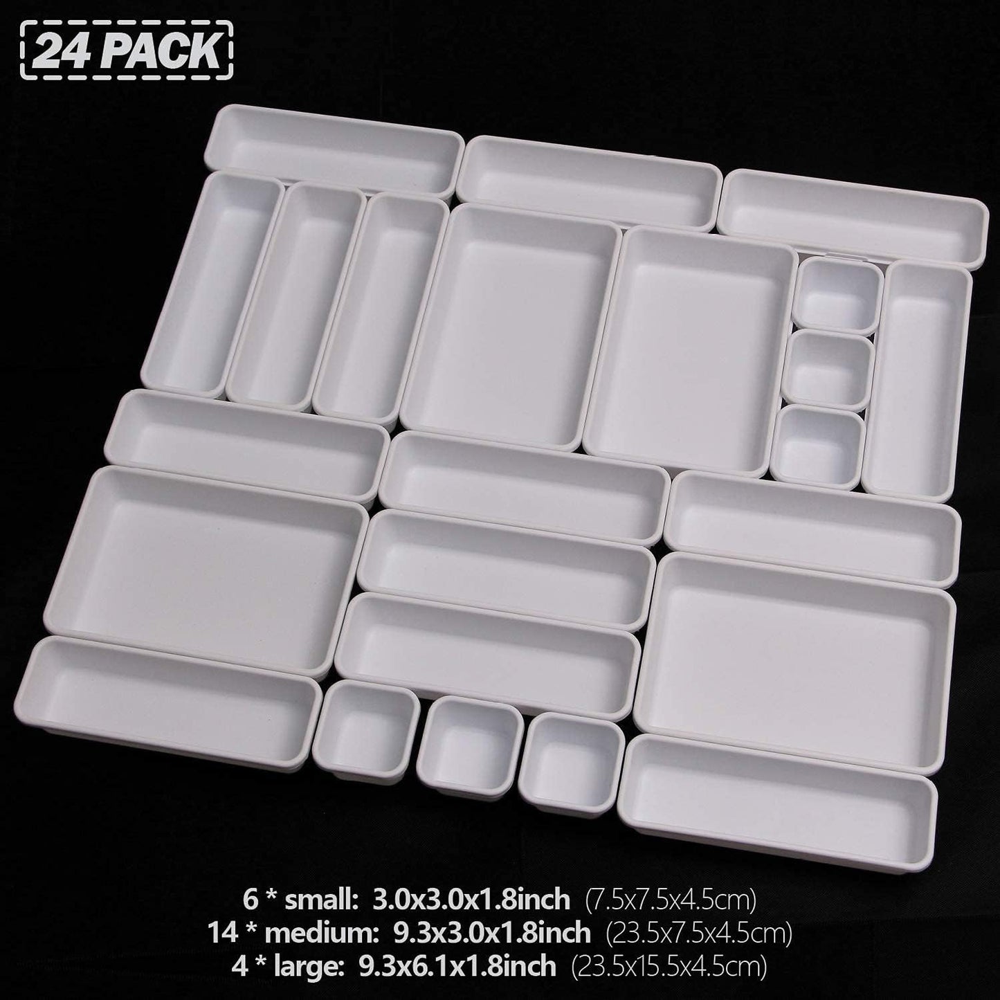 Set of 24 Interlocking Desk Drawer Organizer Tray Dividers Plastic Shallow Narrow Drawers Organizers Separators Storage Bins Container for Kitchen Bathroom Makeup Office Vanity Bedroom Dresser