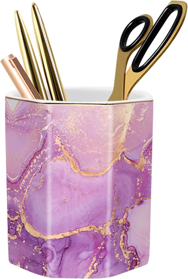 WAVEYU Ceramic Pen Holder for Desk Cute, Pencil Cup Pot Desk Organizer, Makeup Brush Holder for Women, Men, Kids, Desk Marble Decor for Office, Classroom, Home, Gray Golden