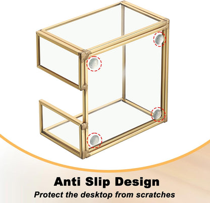 BTSKY Golden Glass 3x3 Inch Sticky Note Holder with Pen Slot, Elegant Post It Note Dispenser with Non-Slip Pads Clear Notepad Holder for Desk Organization Planning, Home Office Decor