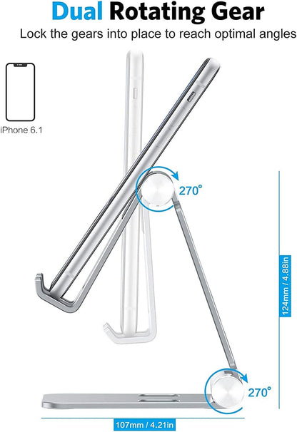 OMOTON Foldable Cell Phone Stand, C4 Portable Aluminum Phone Holder, Adjustable Phone Dock Cradle Compatible with iPhone 17/16/15 Pro Max Air, Samsung Galaxy, Small Tablets, All Smart Phones, Silver