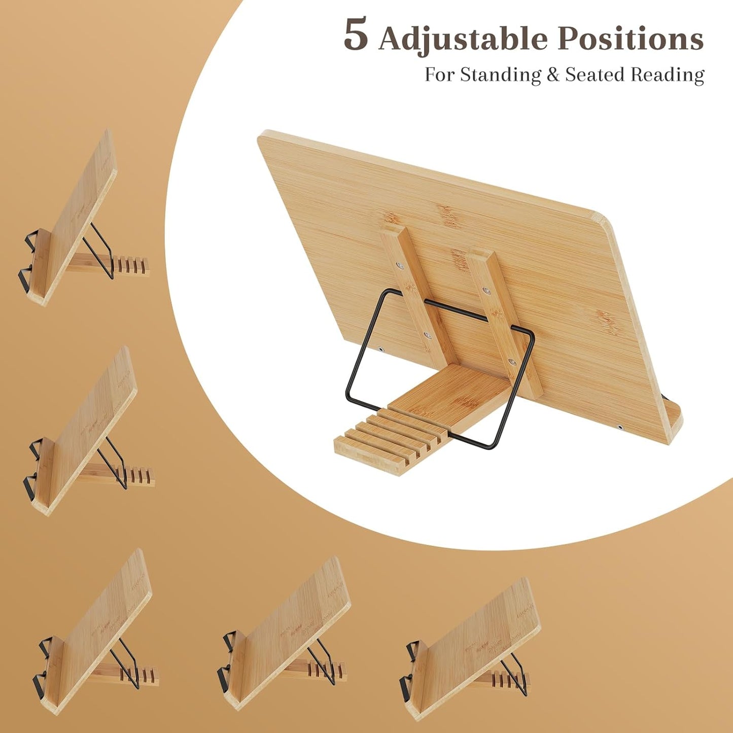 Bamboo Book Stand, Adjustable Book Holder, Music Stand - Lightweight and Stable for Cookbook, Textbook, Notebook, Desk Home Office Kitchen (Small)