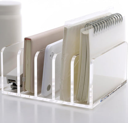 SANRUI 5 Compartments Acrylic Mail Sorter Holder, Clear Document Magazine Envelope File Rack, Vertical Letter Sorter & Multifunction Desk Organizer for Bills, Documents, Notebooks