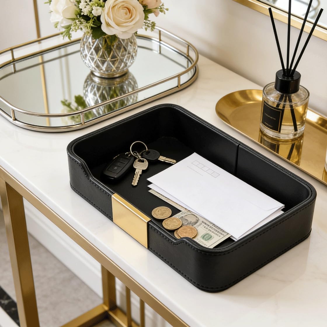 PU Leather Valet Tray Catchall Organizer for Men - Nightstand Dresser Desk Tray for Keys Wallet Watch Jewelry, Bedside Entryway Table Storage Box, EDC Accessories Holder Catch All Dish, Green