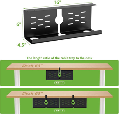 KEEGH 16" Under Desk Cable Management Tray, 2 Pack Desk Cord Organizer Upgrade Capacity, No Drill Clamp/Screws Mount, Cord Management Tray for Home Office, Gaming Desk, Standing Desk, Black